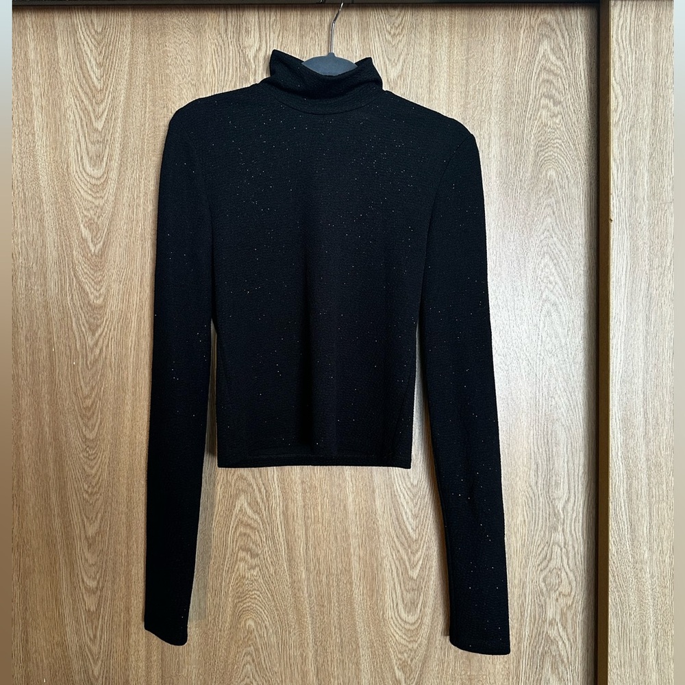 Alice + Olivia Mock Neck Glitter Long Sleeve Cropped Top